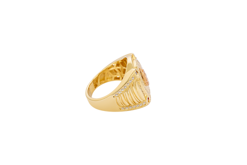 14KT Gold Ring Men's Round Two Tone Virgin Mary White CZ Stones Double Border with Four Slightly Larger Corner Stones and White CZ Stones on Curved Ridged Band
