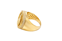14KT Gold Ring Men's Round Caridad Cobre Greek Border Double Row White CZ Stones Outside Border Plain Band