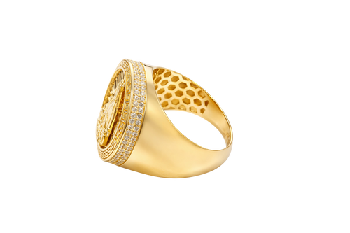 14KT Gold Ring Men's Round Caridad Cobre Greek Border Double Row White CZ Stones Outside Border Plain Band