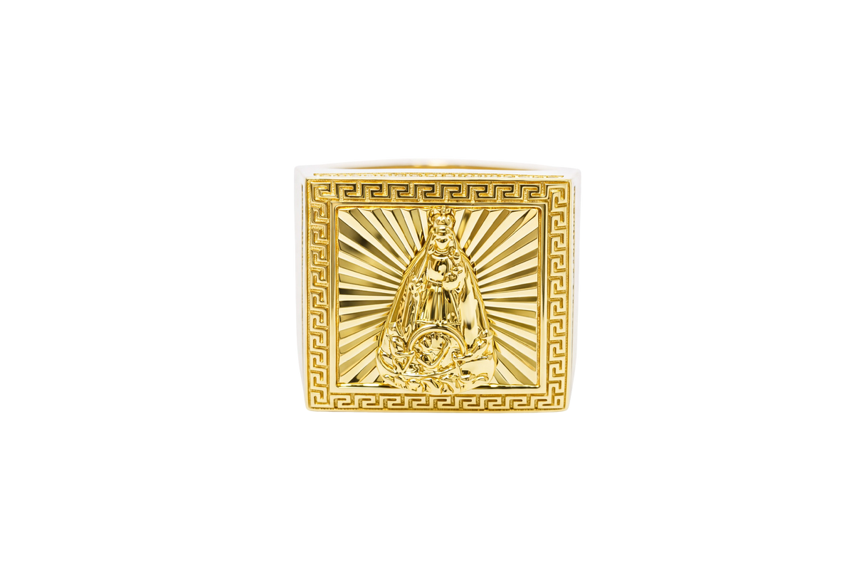 14KT Gold Ring Men's Square St. Barbara Greek Border with Double Row White CZ Edge Stones