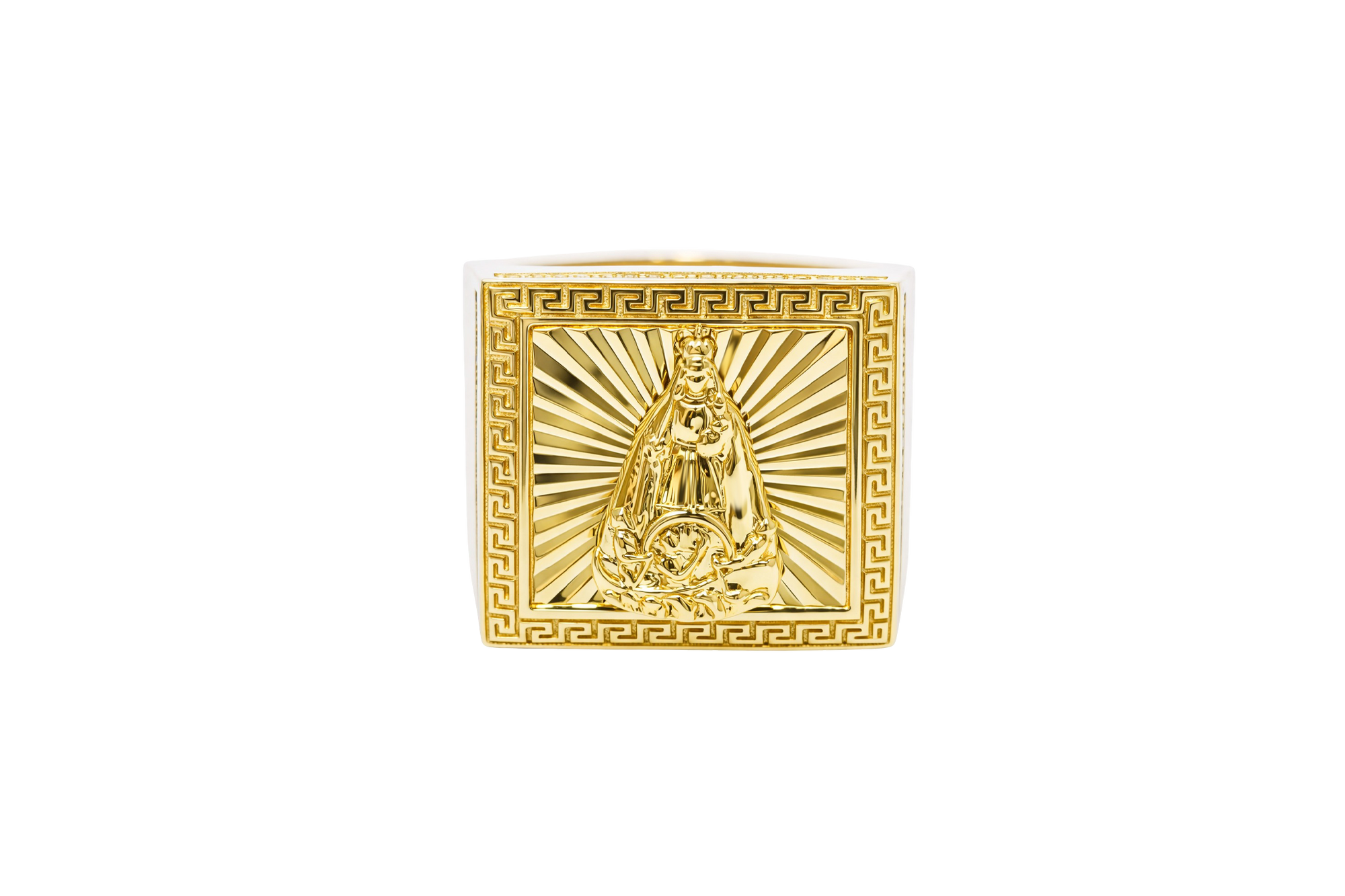 14KT Gold Ring Men's Square St. Barbara Greek Border with Double Row White CZ Edge Stones