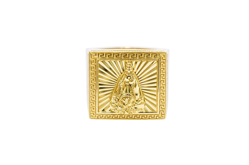 14KT Gold Ring Men's Square St. Barbara Greek Border with Double Row White CZ Edge Stones