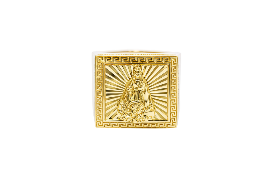 14KT Gold Ring Men's Square St. Barbara Greek Border with Double Row White CZ Edge Stones