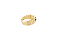 14KT Gold Ring Men's Square Blue Round CZ Stone Plain Square Border Side Design Three Tiers of Single Row White CZ Stones Stairs and Triple Row of White CZ Stones Under Stairs