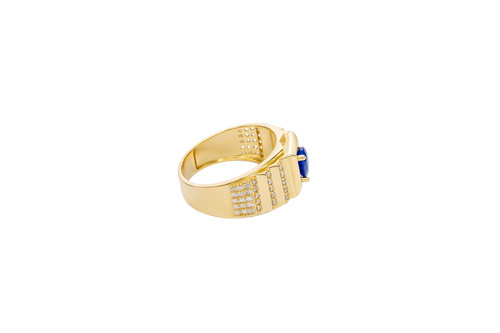 14KT Gold Ring Men's Square Blue Round CZ Stone Plain Square Border Side Design Three Tiers of Single Row White CZ Stones Stairs and Triple Row of White CZ Stones Under Stairs