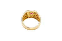 14KT Gold Ring Men's Rectangle Shape Center Platform Red Round Center CZ Stone with White CZ Stones Background Two Tone Cross on Sides with White CZ Stones Border