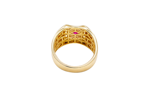 14KT Gold Ring Men's Rectangle Shape Center Platform Red Round Center CZ Stone with White CZ Stones Background Two Tone Cross on Sides with White CZ Stones Border