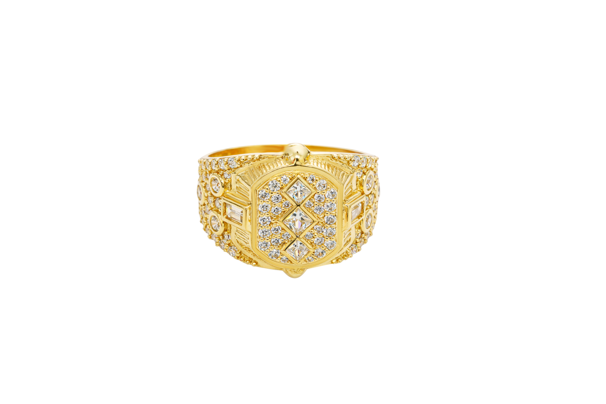 14KT Gold Ring Men's Rounded Square White CZ Stone Platform with Three Stacked Triangle Center Stones Plain Border Band Design Three Circles Plain Border Filled in U Shape CZ Stones Background
