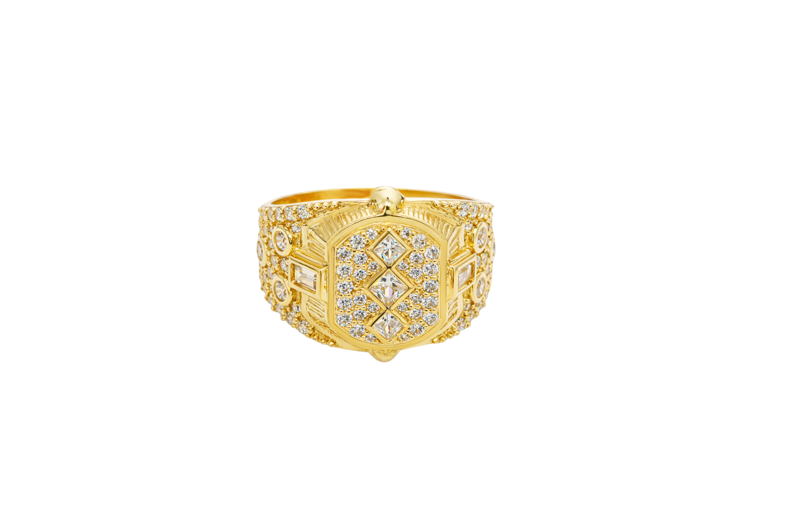14KT Gold Ring Men's Rounded Square White CZ Stone Platform with Three Stacked Triangle Center Stones Plain Border Band Design Three Circles Plain Border Filled in U Shape CZ Stones Background