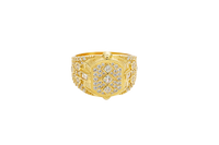 14KT Gold Ring Men's Rounded Square White CZ Stone Platform with Three Stacked Triangle Center Stones Plain Border Band Design Three Circles Plain Border Filled in U Shape CZ Stones Background