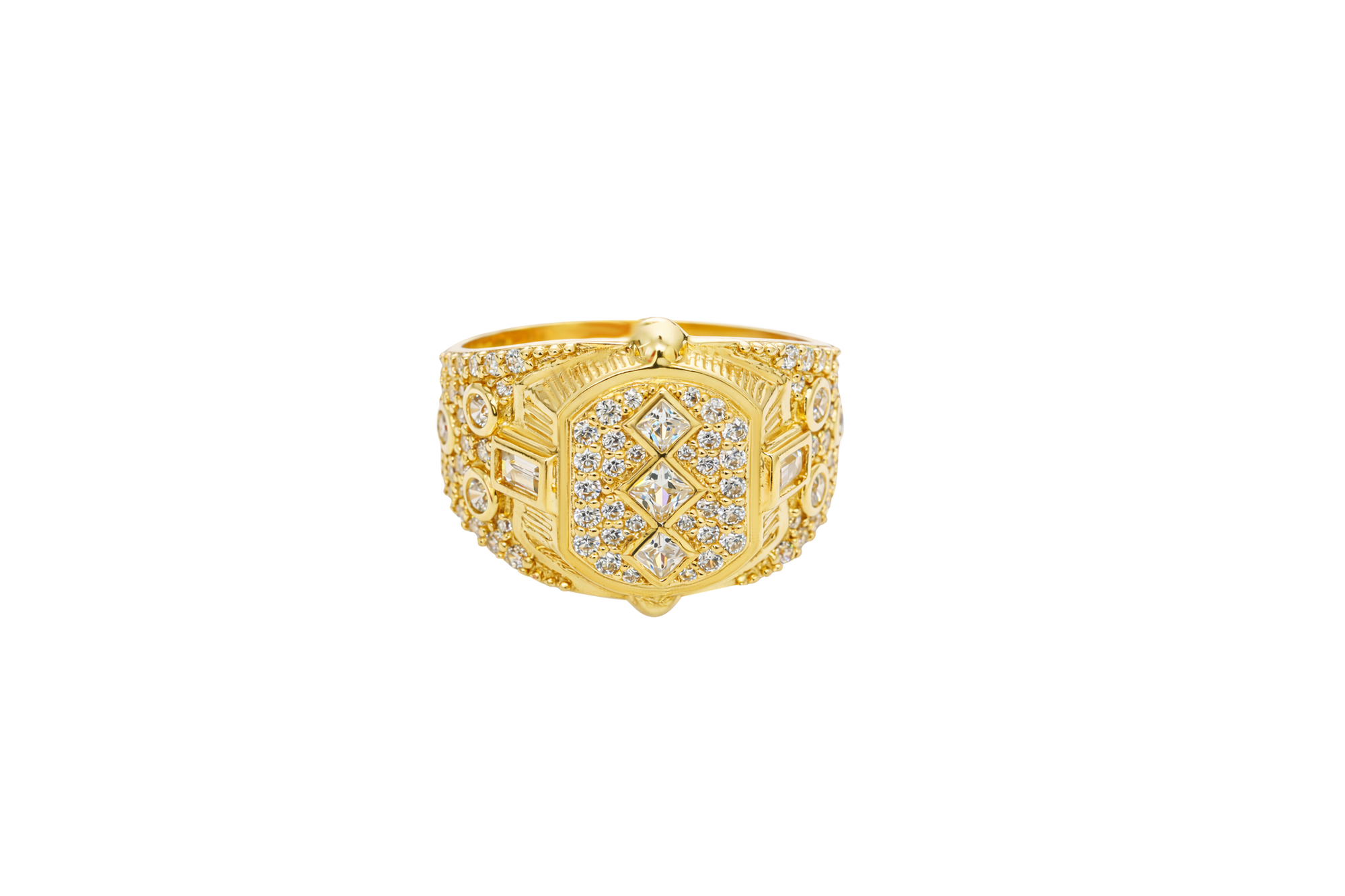 14KT Gold Ring Men's Rounded Square White CZ Stone Platform with Three Stacked Triangle Center Stones Plain Border Band Design Three Circles Plain Border Filled in U Shape CZ Stones Background