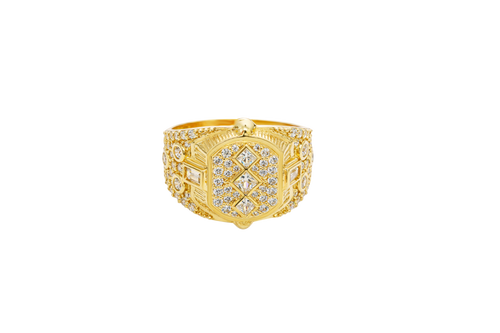 14KT Gold Ring Men's Rounded Square White CZ Stone Platform with Three Stacked Triangle Center Stones Plain Border Band Design Three Circles Plain Border Filled in U Shape CZ Stones Background
