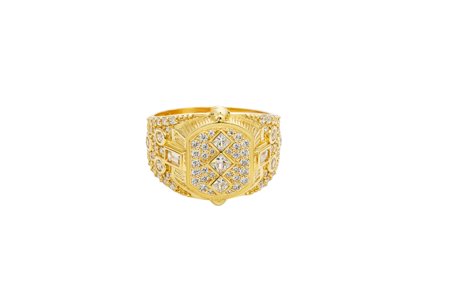 14KT Gold Ring Men's Rounded Square White CZ Stone Platform with Three Stacked Triangle Center Stones Plain Border Band Design Three Circles Plain Border Filled in U Shape CZ Stones Background