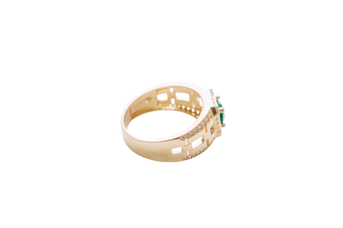 14KT Gold Ring Men's Square Green CZ Round Center Stone White CZ Stone Border Band Design Half/Full/Half Stacked Boxes Cutouts with Single Row White CZ Stones Border