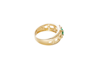 14KT Gold Ring Men's Square Green CZ Round Center Stone White CZ Stone Border Band Design 3 Stacked Cutout Boxes with Single Row White CZ Stones Border