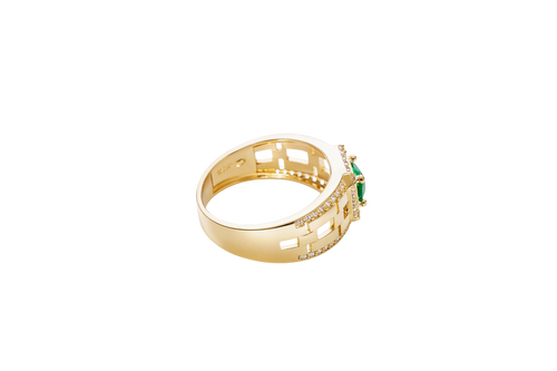 14KT Gold Ring Men's Square Green CZ Round Center Stone White CZ Stone Border Band Design 3 Stacked Cutout Boxes with Single Row White CZ Stones Border