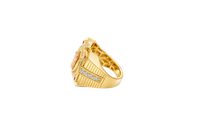 14KT Gold Ring Men's Two Tone Square Raised St. Jude with Sunray Background and Single Row White CZ Stone Border Corner Design One Red/Pink CZ Stone Band Design Four White CZ Stones Plain Border Stripe Etched Background