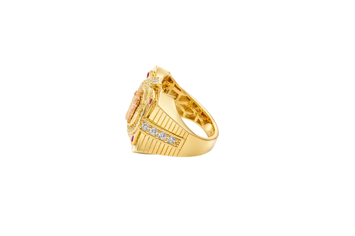 14KT Gold Ring Men's Two Tone Square Raised St. Jude with Sunray Background and Single Row White CZ Stone Border Corner Design One Red/Pink CZ Stone Band Design Four White CZ Stones Plain Border Stripe Etched Background