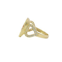 14KT Gold Ring Women's Two Tone Quinceanera "15" Heart Shape Center with Basketball lines and White CZ Stones Border Side Design Two Open White CZ Stone Hearts Plain Band