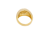 14KT Gold Ring Men's Round Double Platform Cluster Eight White CZ Stones Center with Plain Platform Ribbed Frame Side Design Pave Galaxy Formation White CZ Stones with Plain Ladder Print on Band