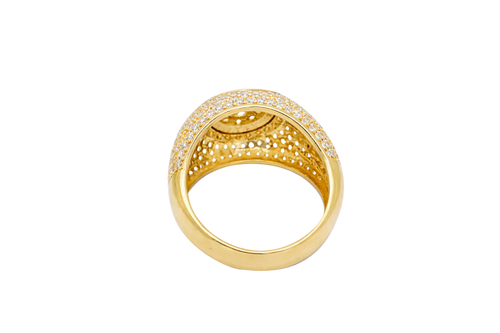 14KT Gold Ring Men's Round Double Platform Cluster Eight White CZ Stones Center with Plain Platform Ribbed Frame Side Design Pave Galaxy Formation White CZ Stones with Plain Ladder Print on Band