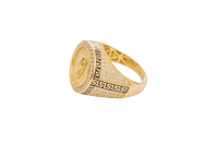 14KT Men's Ring Gold Round Virgin Mary Coin Brushed Finish Background with White CZ Stones Border and Black / Gold Greek Style Design Around the Border and Each Side of Band