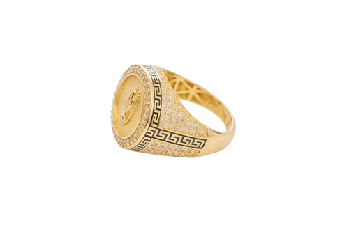 14KT Men's Ring Gold Round Virgin Mary Coin Brushed Finish Background with White CZ Stones Border and Black / Gold Greek Style Design Around the Border and Each Side of Band