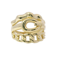 14KT Gold Ring Women's Three Band Design Top Band Bubble Bamboo Middle Band Belt Buckle Lower Band Miami Link