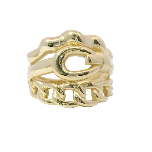 14KT Gold Ring Women's Three Band Design Top Band Bubble Bamboo Middle Band Belt Buckle Lower Band Miami Link