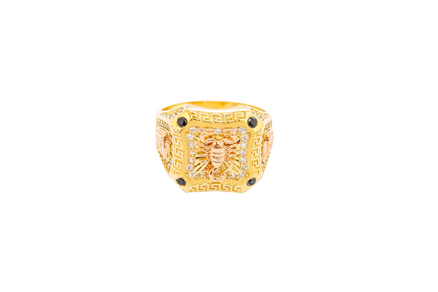 14KT Gold Ring Men's Square Two Tone Scorpion Center with White CZ Stone Border Black CZ Corner Stones with Side Design Black / Gold Greek Style Square with Black CZ Stone Border Around a Raised Arrow on Each Side