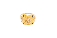 14KT Gold Ring Men's Square Two Tone Scorpion Center with White CZ Stone Border Black CZ Corner Stones with Side Design Black / Gold Greek Style Square with Black CZ Stone Border Around a Raised Arrow on Each Side