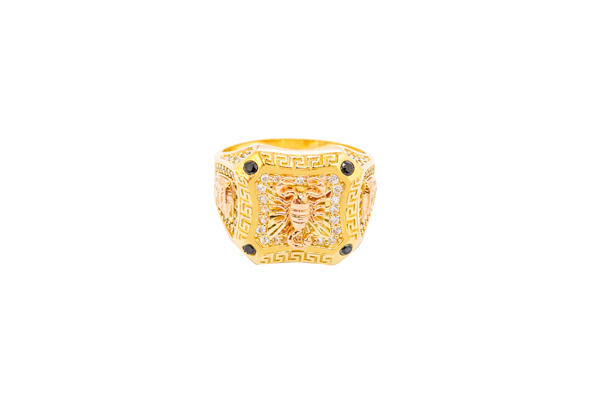14KT Gold Ring Men's Square Two Tone Scorpion Center with White CZ Stone Border Black CZ Corner Stones with Side Design Black / Gold Greek Style Square with Black CZ Stone Border Around a Raised Arrow on Each Side