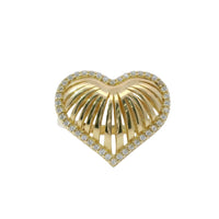 14KT Gold Ring Women's Plain Ribbed Seashell Heart with Single Row White CZ Stone Border Plain Split Band