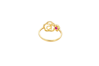 14KT Gold Ring Women's Quinceanera "15" Open Pentagon Flower Center with White CZ Stones Border Next to Smaller Pentagon Flower with Plain Border Dark Pink Center Stone and Plain Band