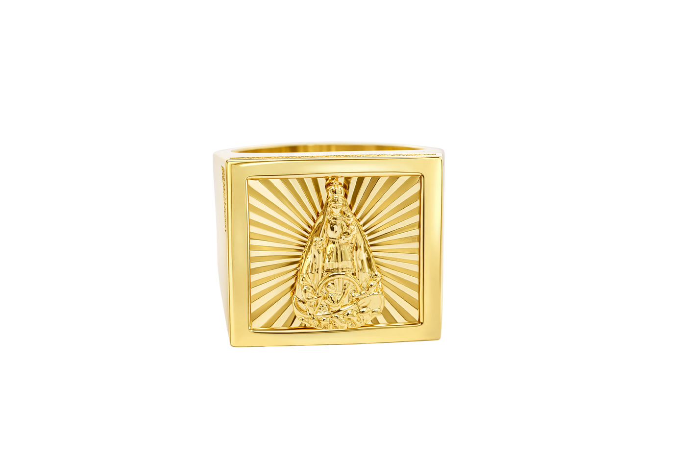 14KT Gold Ring Men's Square Caridad Cobre Plain Border Center with Sunray Background and Double Row White CZ Side Stones Border