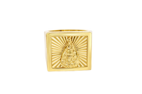 14KT Gold Ring Men's Square Caridad Cobre Plain Border Center with Sunray Background and Double Row White CZ Side Stones Border