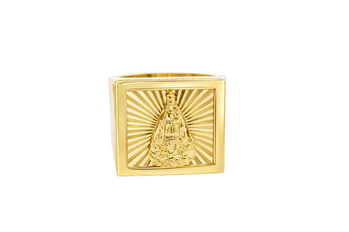 14KT Gold Ring Men's Square Caridad Cobre Plain Border Center with Sunray Background and Double Row White CZ Side Stones Border