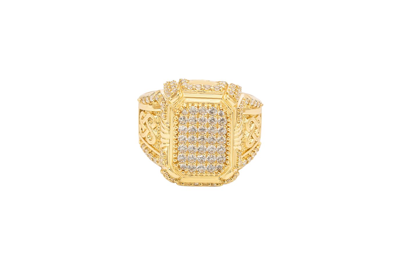 14KT Gold Ring Men's Rectangle Double Platform Seven Rows of Five White CZ Stone Cluster Center with Triple Row of Seven White CZ Stones on Edges Seven White CZ Stones Corners and Infinity Loop Knot on Sides