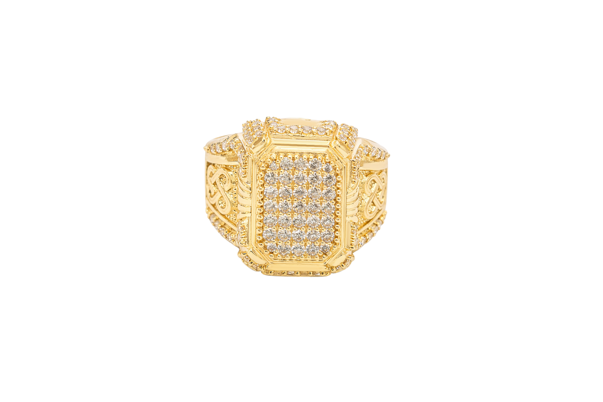 14KT Gold Ring Men's Rectangle Double Platform Seven Rows of Five White CZ Stone Cluster Center with Triple Row of Seven White CZ Stones on Edges Seven White CZ Stones Corners and Infinity Loop Knot on Sides