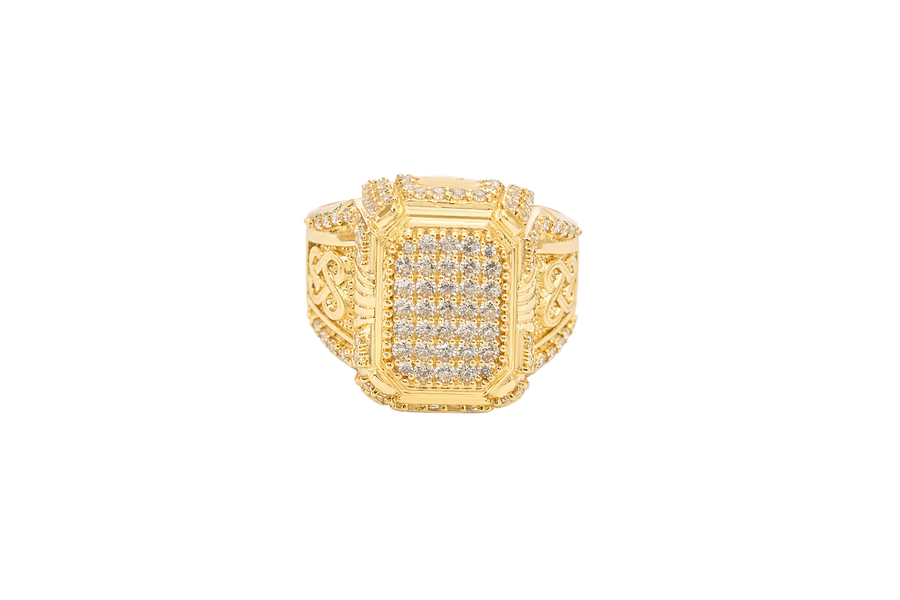 14KT Gold Ring Men's Rectangle Double Platform Seven Rows of Five White CZ Stone Cluster Center with Triple Row of Seven White CZ Stones on Edges Seven White CZ Stones Corners and Infinity Loop Knot on Sides