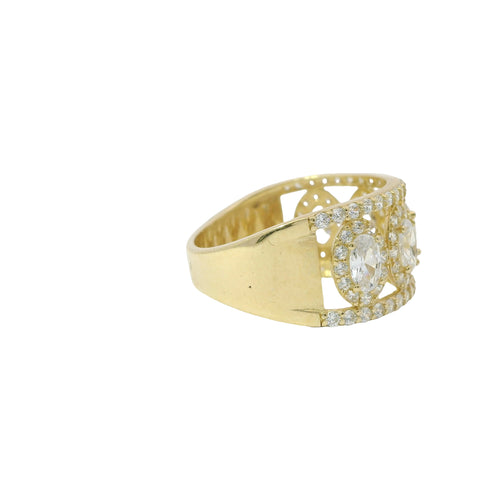 14KT Gold Ring Women's Five White Center Ovals with White Round CZ Stones Border Spit Band