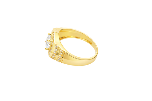 14KT Gold Ring Men's Octagon White Round CZ Center Stone White CZ Stone Border Side Design Two Single Rows of Six White CZ Stones