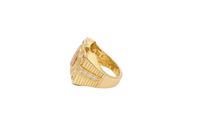 14KT Gold Ring Men's Two Tone Square Raised Virgin Mary with Sunray Background and Single Row White CZ Stone Border Corner Design One Red/Pink CZ Stone Band Design Four White CZ Stones Plain Border Stripe Etched Background