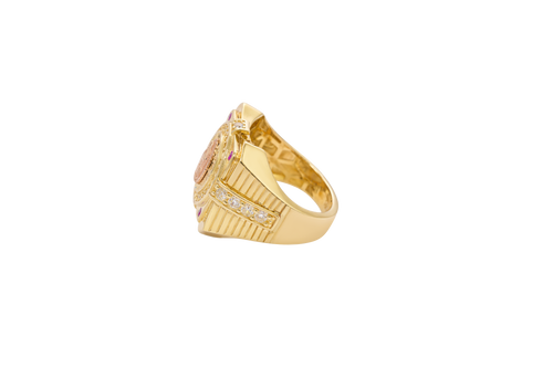 14KT Gold Ring Men's Two Tone Square Raised Virgin Mary with Sunray Background and Single Row White CZ Stone Border Corner Design One Red/Pink CZ Stone Band Design Four White CZ Stones Plain Border Stripe Etched Background