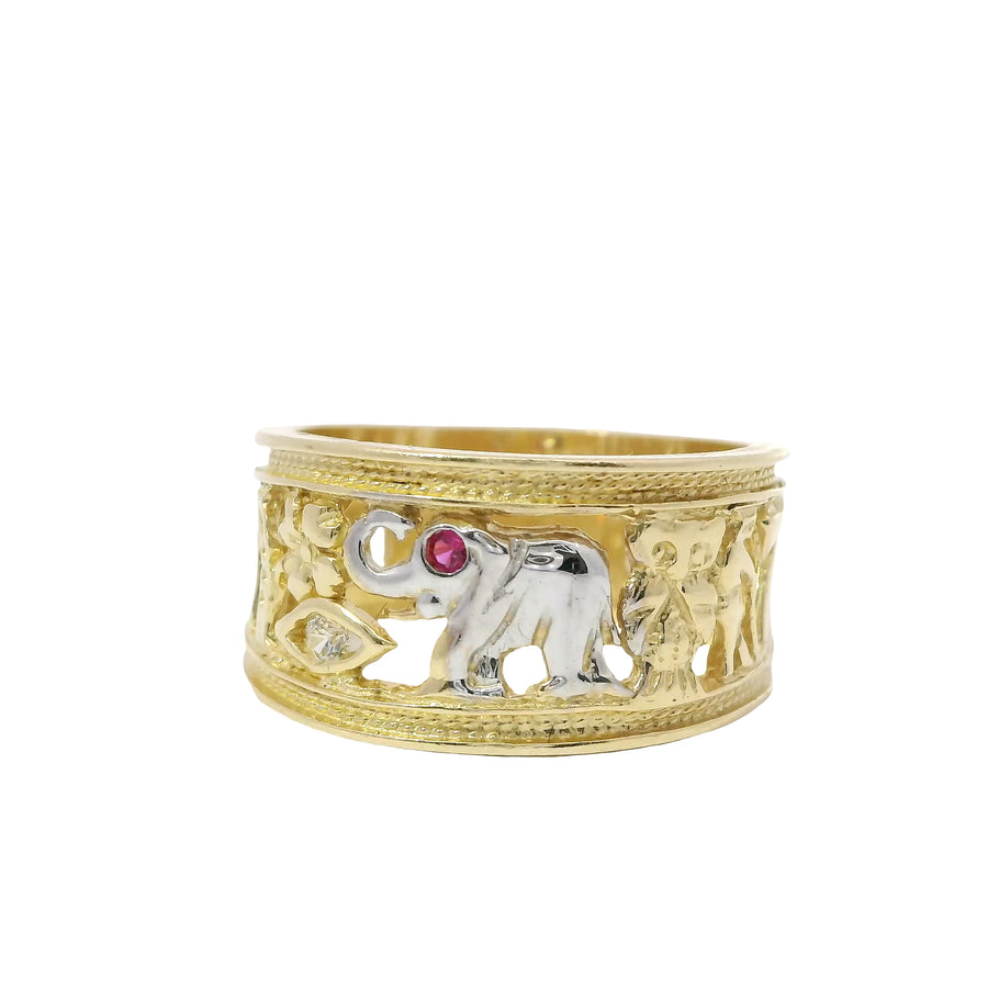 14KT Gold Ring Women's Two Tone "Good Luck" Open Split Band Plain Double Border on Top/Lower Bands (2 Flowers/ Horseshoe/ Flower Eye/ Elephant/ Owl/ Man/ 7/ 2 Flowers)