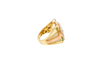14KT Gold Ring Men's Square Tri Tone Raised Oval Full Horse with Sunray Background and Corner Design One Green CZ Stone Band Design Double Row White CZ Stone Interlocking Top/Side Cross