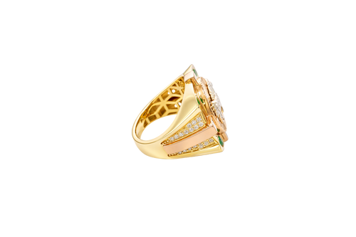 14KT Gold Ring Men's Square Tri Tone Raised Oval Full Horse with Sunray Background and Corner Design One Green CZ Stone Band Design Double Row White CZ Stone Interlocking Top/Side Cross