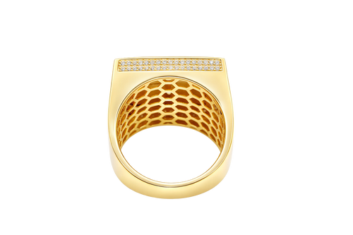 14KT Gold Ring Men's Square St. Barbara Plain Border Double Row White CZ Stones Outside Border Plain Band