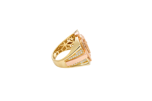 14KT Gold Ring Men's Two Tone Square/Oval St. Jude with Sunray Background and Corner Design One Green CZ Stone Shank Design Double Row White CZ Stone Interlocking Top/Side Cross