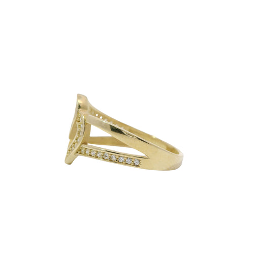 14KT Gold Ring Women's Interlocking Hearts Plain and CZ Stone Hearts and Split Band